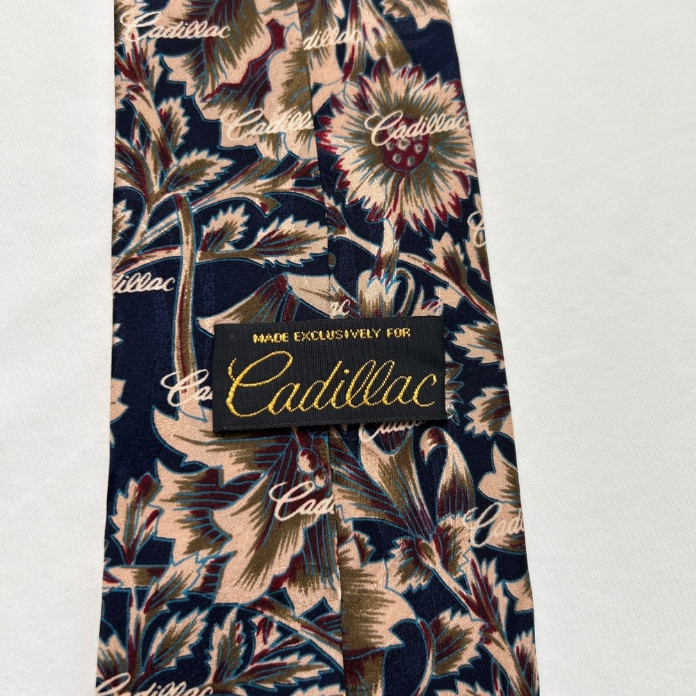 Cadillac Mens Necktie Navy Blue Tan Silk Floral Leaf Logo Script 58" Vintage - Picture 3 of 6